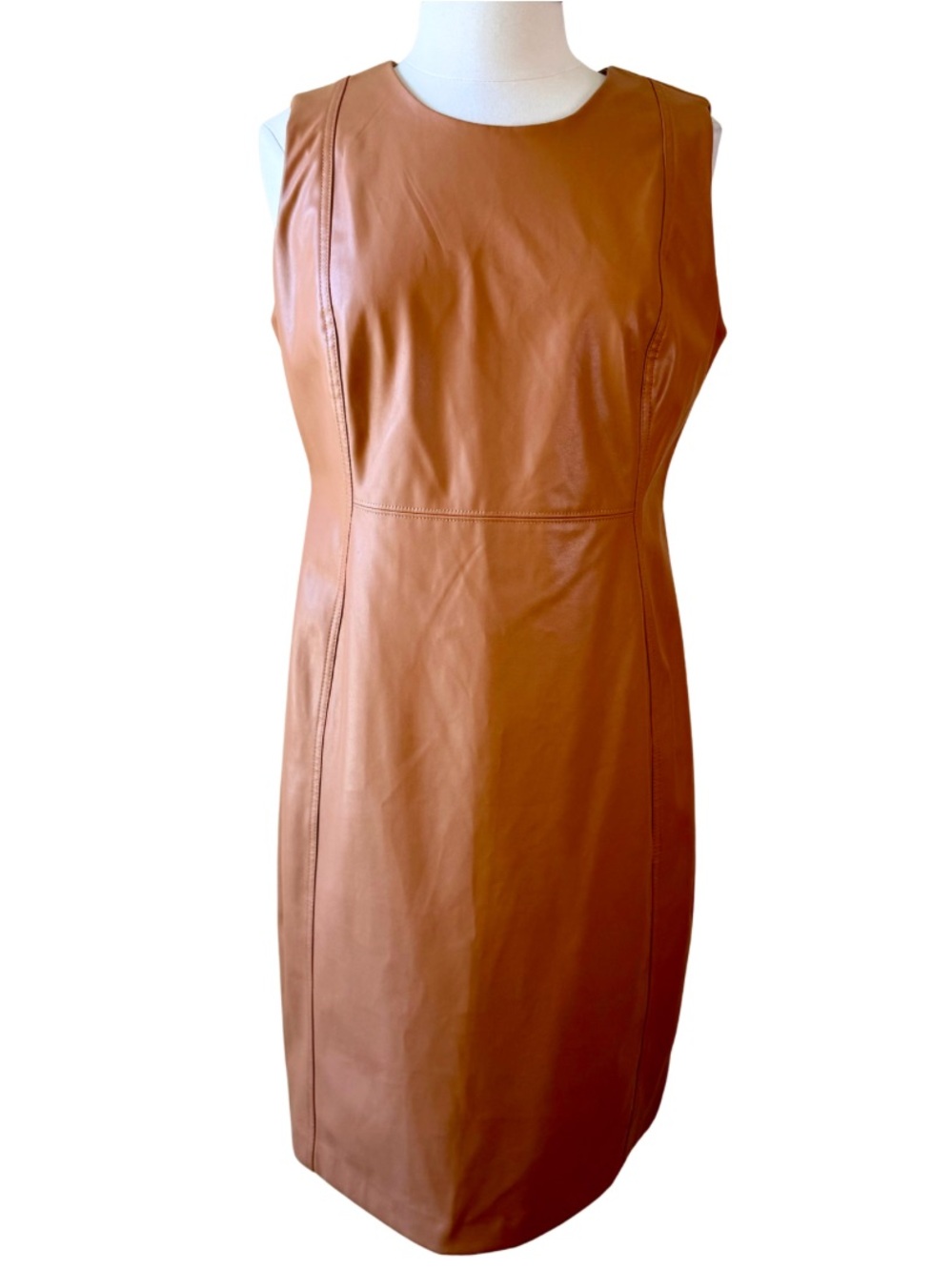 CALVIN KLEIN Sleeveless Faux Leather Dress Size 14 Camel Tan